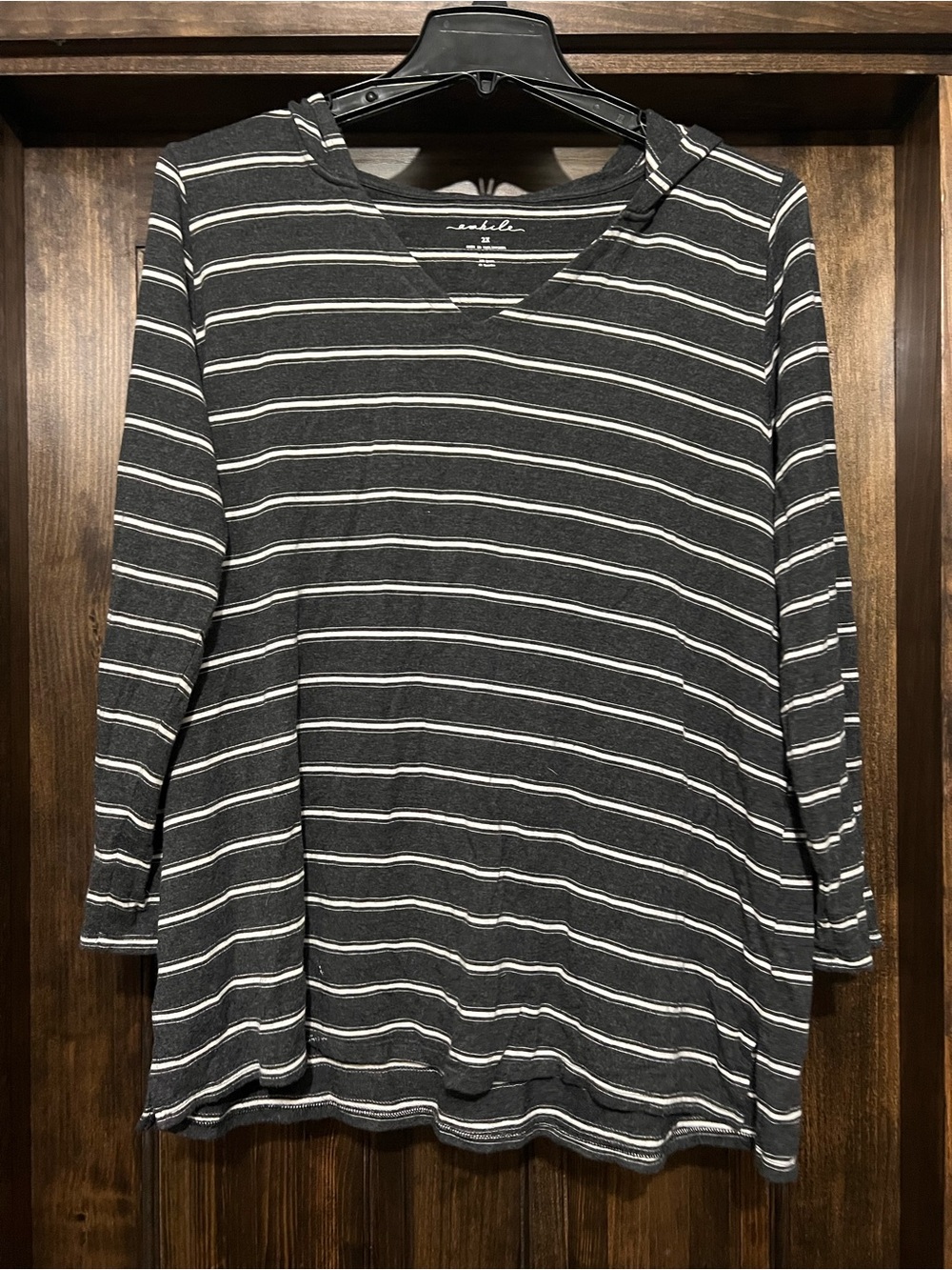 Casual Striped V-Neck Hoodie Top - Black/White pullover hooded 2X